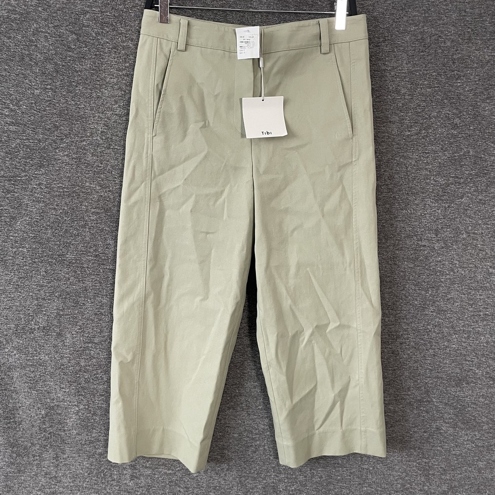 Tibi Chino Crop Pants Womens 4 Green Cotton Twill Flat Front Pockets MSRP $450‎